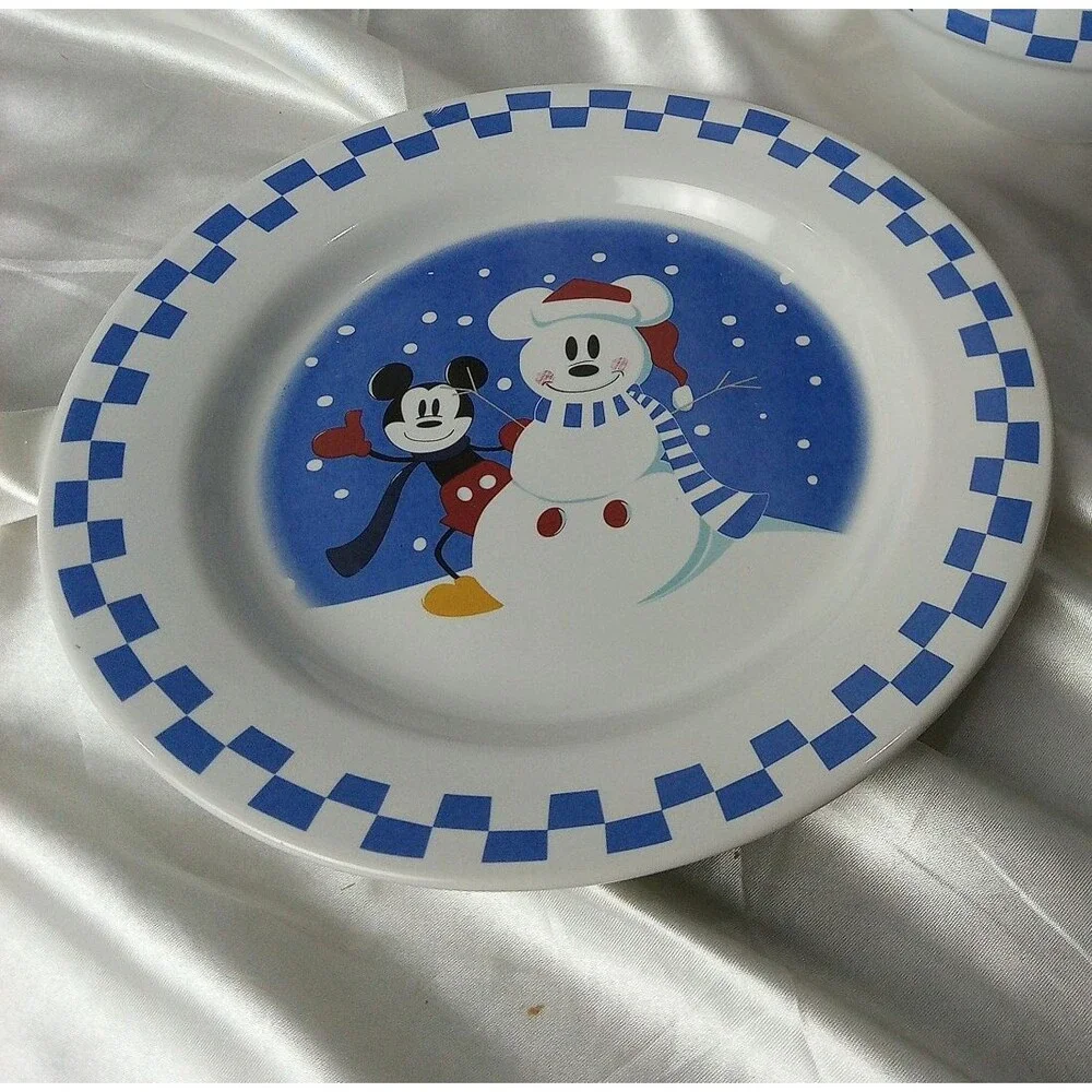 Vtg. Disney Mickey & Snowman Blue Checkerboard Lunch Set-9'' Plate & Bowl